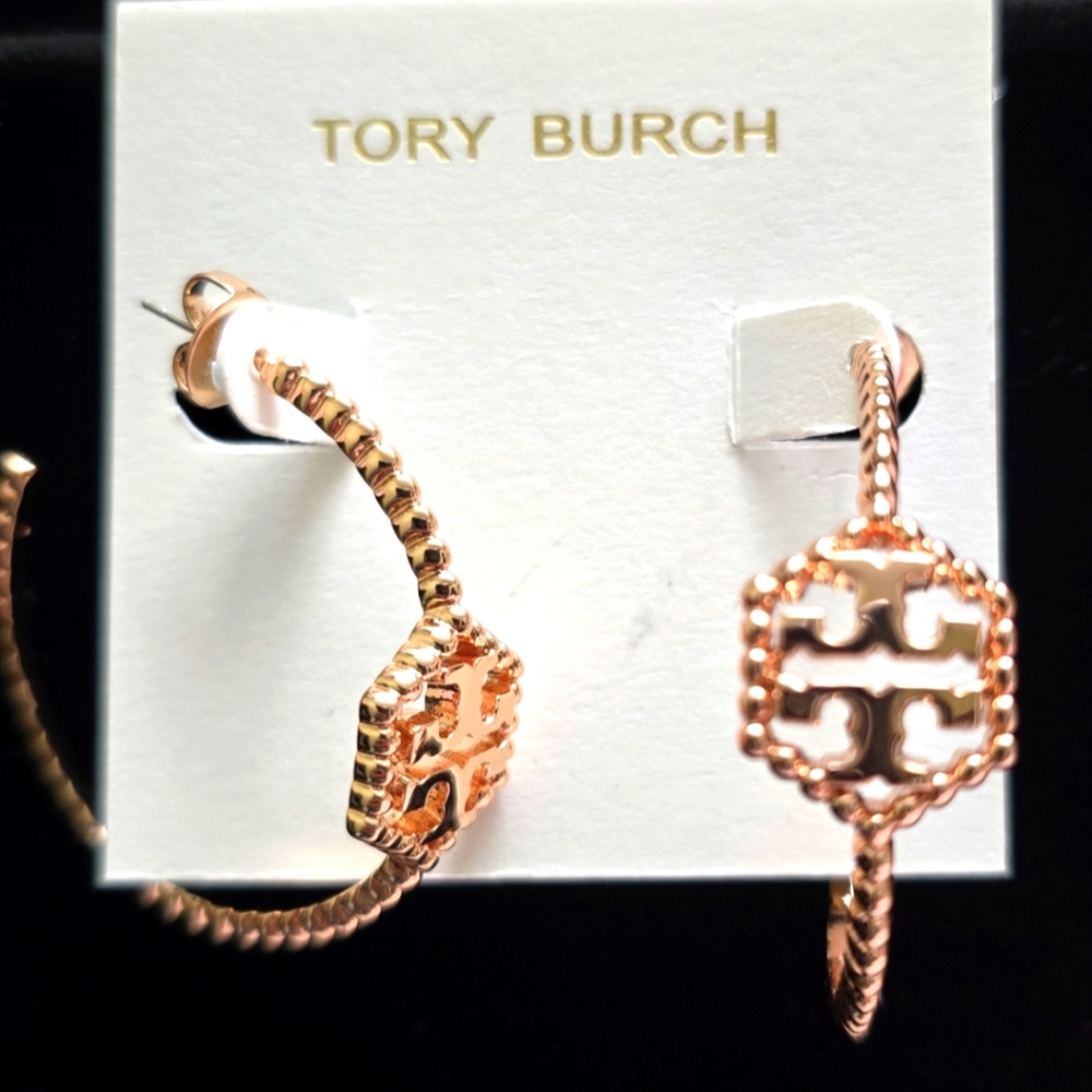 Tory Burch Rose Gold Milgrain Hex Hoop Earrings